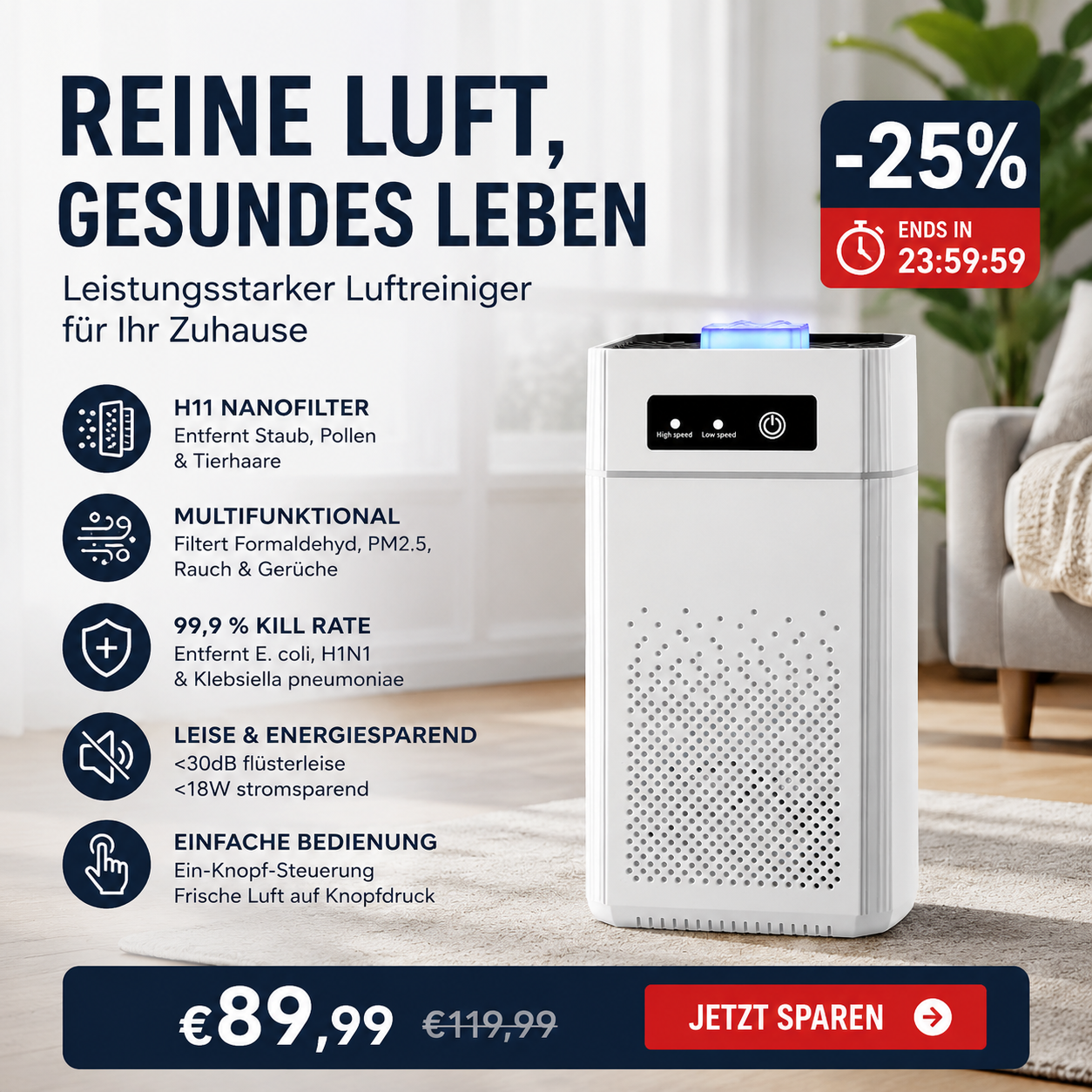 💎 50% RABATT! 💎 Luftreiniger für Zuhause – Fortschrittliche H11-Nanofilter, 99,9% Keimreduktion & Flüsterleise Operation