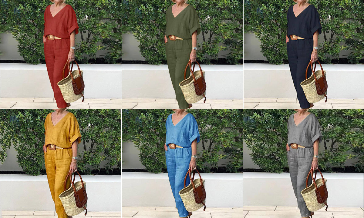 2-teiliges Set: lockeres Oberteil mit V-Ausschnitt und Hose mit Taschen